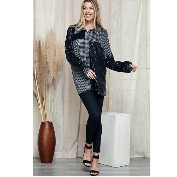 New Upscale Houndstooth and Black Sequin Fun Button up Shirt Runs big size L - Picture 4 of 9